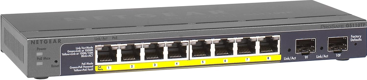 Netgear ProSafe GS110TP 10/100/1000 8 Port PoE 46W switch with 2 SFP uplink ports Netgear ProSafe GS110TP 10/100/1000 8 Port PoE 46W switch with 2 SFP uplink ports